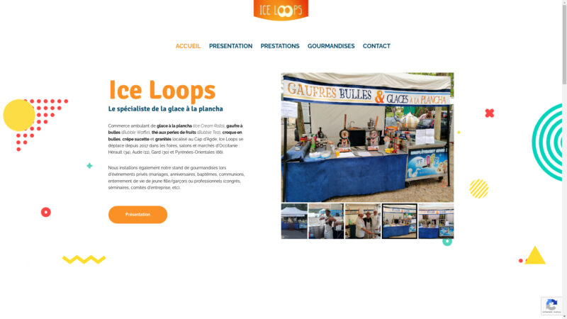 Capture d'écran du site internet de Ice Loops, commerce ambulant de glace à la plancha et gaufre à bulles