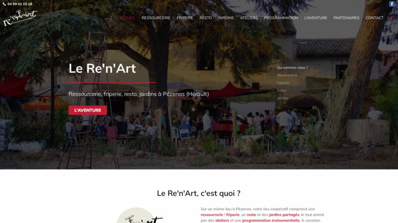 Capture d'écran du site internet du Re'n'Art, ressourcerie-recyclerie-friperie-restaurant à Pézenas (34120)